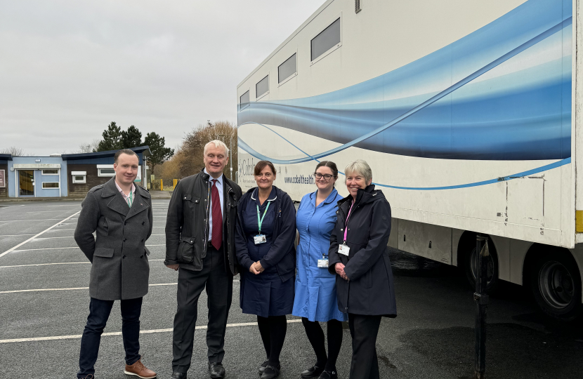 Left to Right – Cllr Sean McMaster, Graham Stuart MP, Michelle Clark, Rebecca Cass and Cllr Lyn Healing at the Lung Health Check Centre in Withernsea