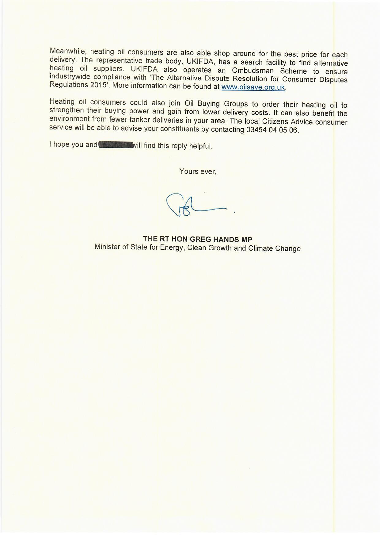 Heating Oil Response from Minister Greg Hands MP 2