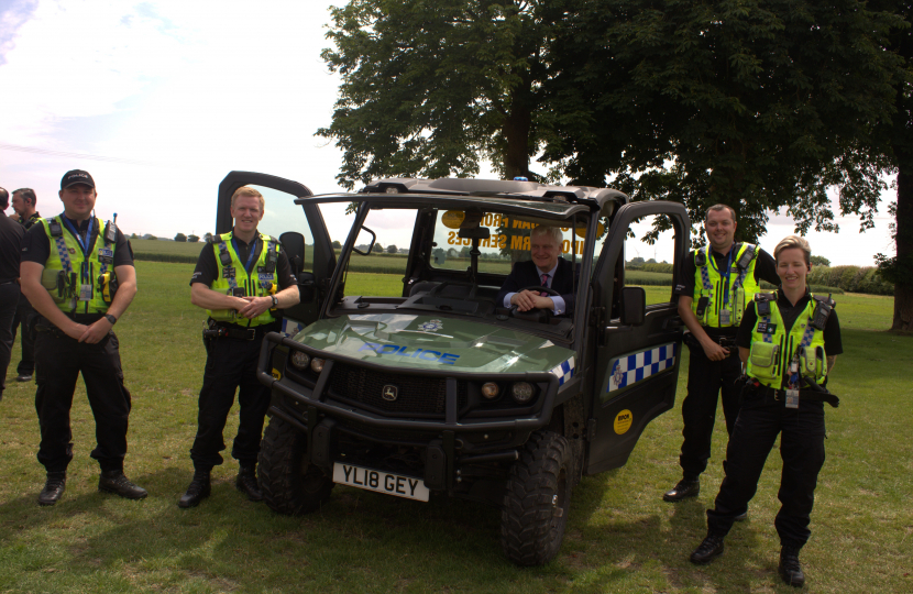 Graham in one of Humberside Police’s specialist vehicles at a meeting with the Rural Task Force and Holderness Farm Watch last year, with constables Josh Fawcett, Kevin Jones, Rich Fussey and Erica Williamson. (L-R)