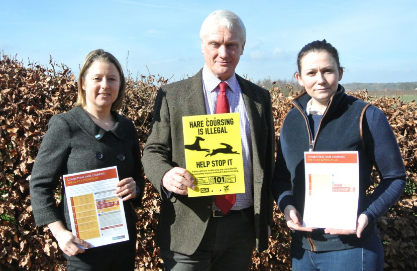 Graham with Libby Bateman (left) and Hollie Harris (right) launching the campaign against hare coursing.
